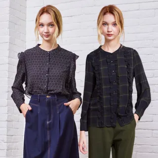 【MYVEGA 麥雪爾】MA印花荷葉邊排釦仿絲質上衣-二款任選(日系/女上衣/雪紡上衣/蕾絲上衣)