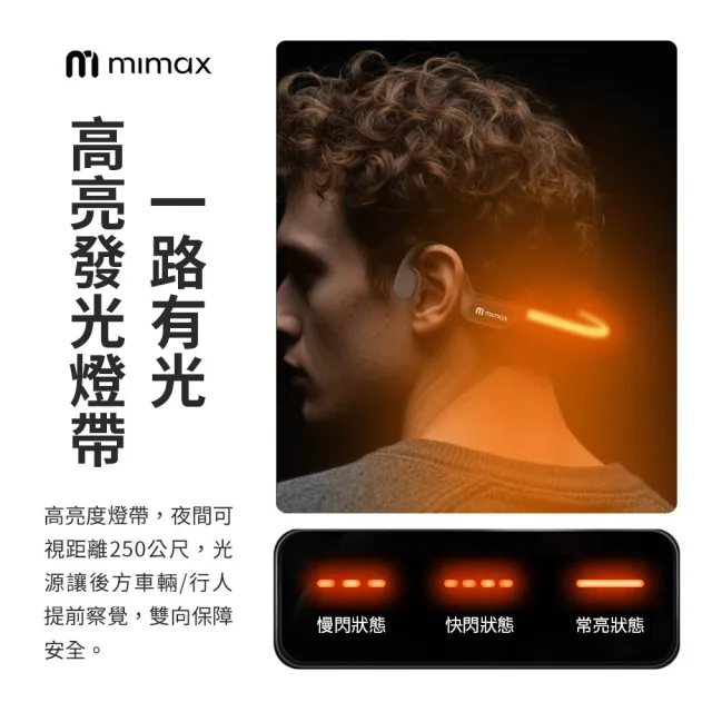 【mimax 米覓】炫光燈帶骨傳導藍牙耳機(骨傳導耳機 藍牙耳機 IPX8防水 發光 藍牙6.0 MP3 32GB)