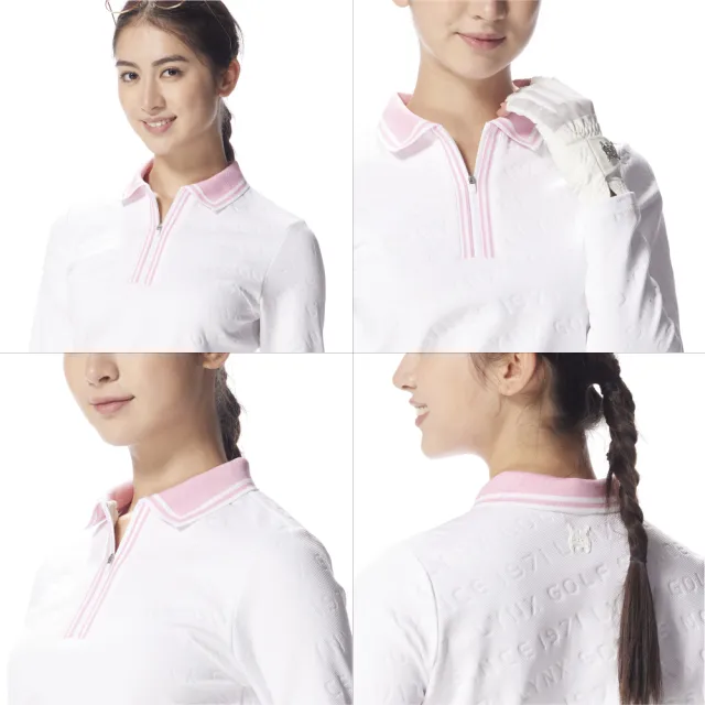【Lynx Golf】首爾高桿風格！女款合身吸排機能電腦領滿版緹花LOGO拉鍊POLO衫(二色)