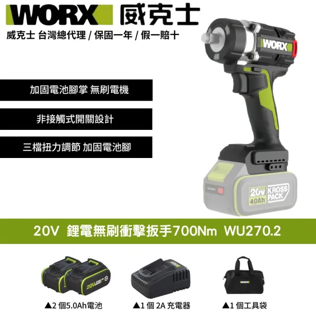 【WORX 威克士】20V 700Nm 無刷衝擊扳手 WU270.2(鋰電 無刷 大扭力 電動扳手 衝擊扳手 鋰電無刷衝擊扳手)