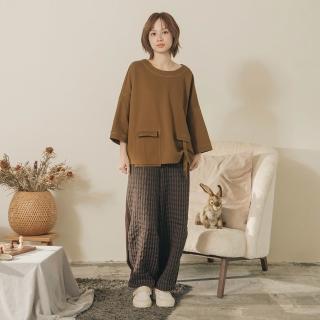 【MOSS CLUB】格子拼接素面開釦縮口長褲(黑 咖)
