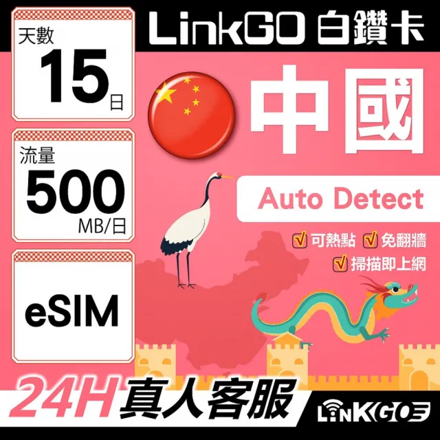 【LINKGO】白鑽卡 中國大陸 eSIM卡 15天上網 500MB/天 免翻牆支援LINE FaceBook(中國網卡 大陸 西藏 新疆)