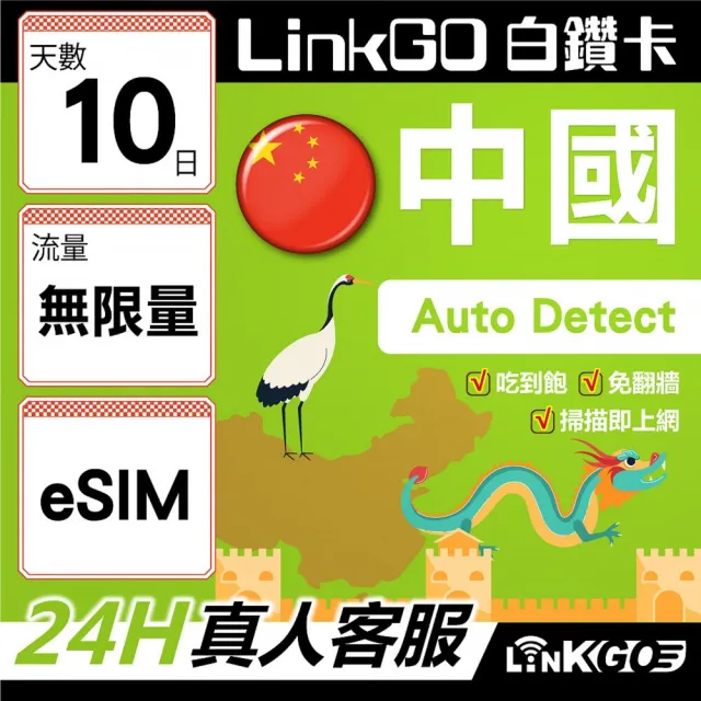 【LINKGO】白鑽卡 中國大陸 eSIM卡 10天吃到飽不降速 免翻牆支援LINE FaceBook(中國網卡 大陸 西藏 新疆)