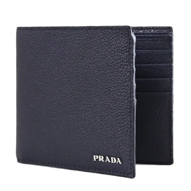 【PRADA 普拉達】經典浮雕LOGO荔枝牛皮雙層8卡對折短夾(深藍)