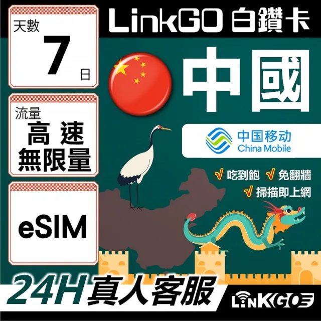 【LINKGO】白鑽卡 中國大陸 eSIM卡 7天高速款吃到飽 免翻牆支援LINE FaceBook(中國網卡 大陸 西藏 新疆)