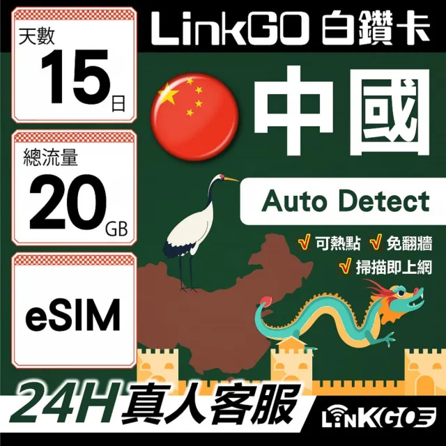 【LINKGO】白鑽卡 中國大陸 eSIM卡 15天上網總流量20GB 免翻牆支援LINE FaceBook(中國網卡 大陸 西藏 新疆)
