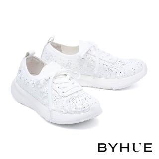 【BYHUE】率性時尚水鑽異材質綁帶軟芯厚底休閒鞋(白)