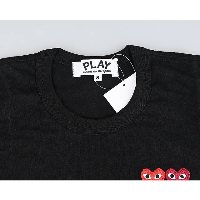 【Comme Des Garcons CDG】Comme Des Garcons Play川久保玲 布標字母LOGO雙色愛心純棉短袖T恤(女款/黑)