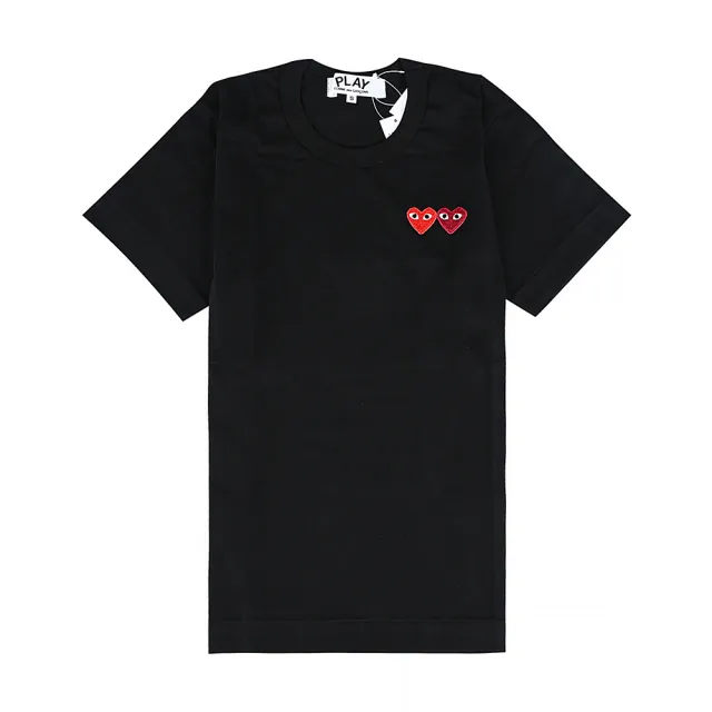 【Comme Des Garcons CDG】Comme Des Garcons Play川久保玲 布標字母LOGO雙色愛心純棉短袖T恤(女款/黑)