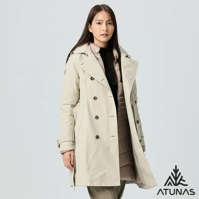 【ATUNAS 歐都納】女款GORE-TEX+羽絨防風防水保暖長版二件式外套(A1GT2508W卡其/風衣/休閒旅遊/賞雪/大衣)
