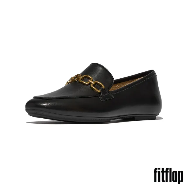 【FitFlop】DELICATO 方扣鏈條柔軟皮革樂福鞋-女(黑色)
