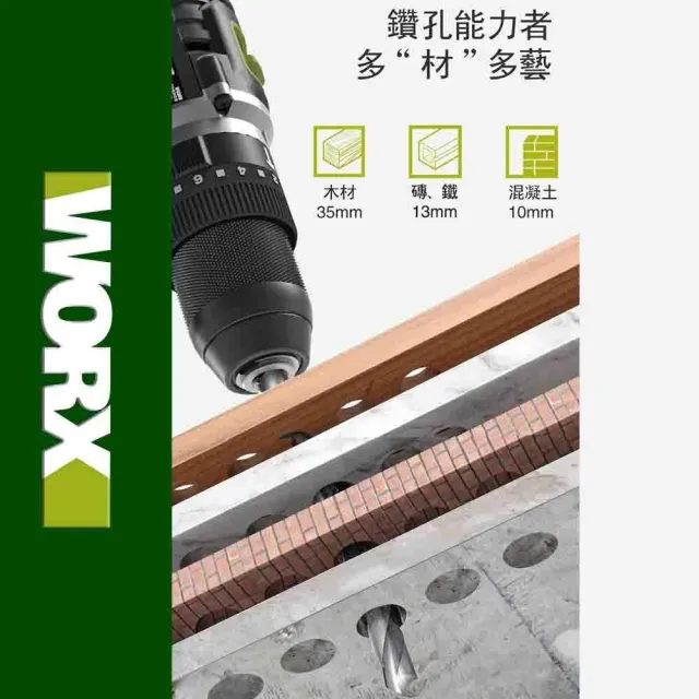 【WORX 威克士】20V 13mm 衝擊鑽 WU369.4(電鑽 無刷電機 鋰電無刷 無刷鋰電衝擊電鑽 可鑽牆 鑽孔 無線鑽擰)