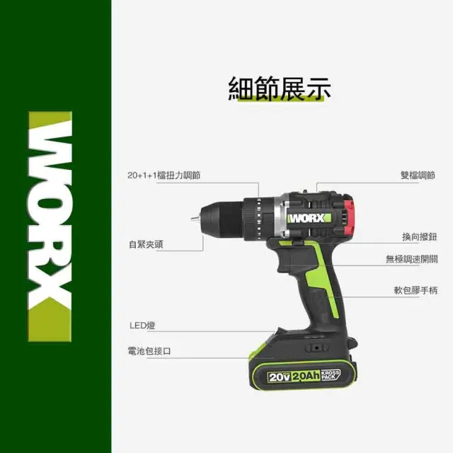【WORX 威克士】20V 13mm 衝擊鑽 WU369.9(電鑽 無刷電機 鋰電無刷 無刷鋰電衝擊電鑽 可鑽牆 鑽孔 無線鑽擰)