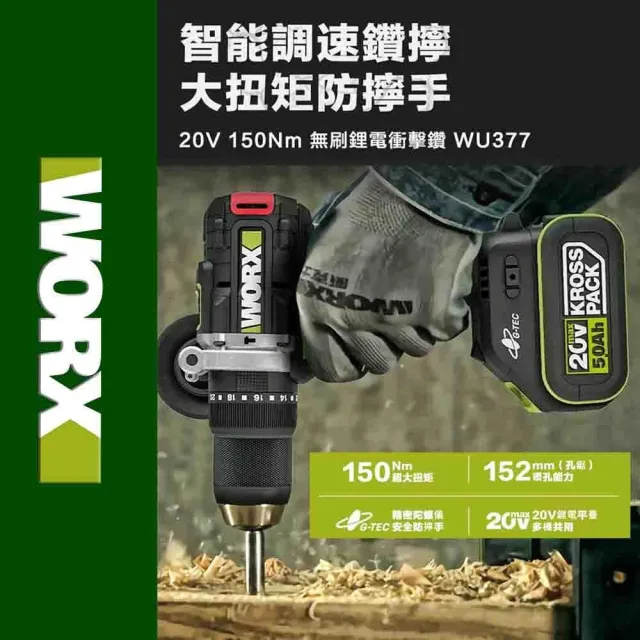 【WORX 威克士】20V 13mm 150N.m 衝擊電鑽 WU377(大扭力 電鑽 無刷鋰電衝擊鑽 三用震動電鑽 防扭手設計)