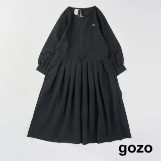 【gozo】MOMO獨家款★限量開賣 腰部抽繩百褶長袖洋裝(黑色)