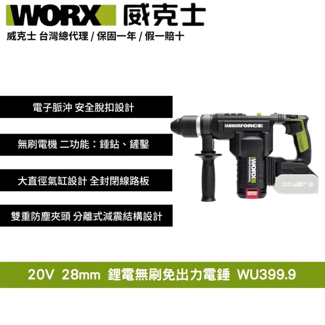 【WORX 威克士】20V 28mm 鋰電無刷出力電錘 WU399.9(無刷 無碳 無線 電錘 電鎚 錘鑽 鎚鑽 鋰電無碳壓鑽)
