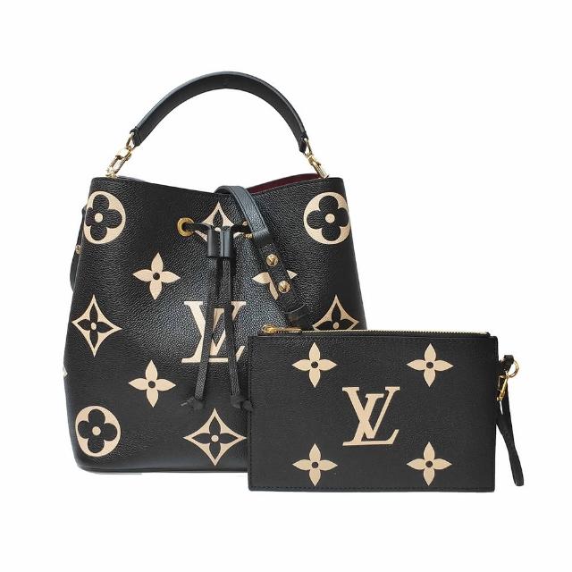 【Louis Vuitton 路易威登】M45497經典NeoNoe MM系列鮮明大LOGO結合Monogram花卉手提/斜揹水桶包(展示黑色)