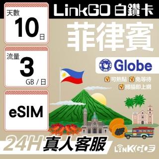 【LINKGO】白鑽卡 菲律賓 eSIM卡 Globe電信 10天上網絡卡 每日3GB 高速流量(菲律賓網絡卡 宿霧 巴拉望 馬尼拉)