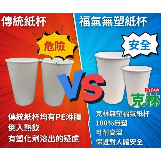 【CLEAN 克林】箱售 12oz 無塑福氣紙杯1000入(台灣製造 紙杯 無淋膜 冷熱兩用 咖啡杯 飲料杯 環保杯)