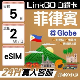 【LINKGO】白鑽卡 菲律賓 eSIM卡 Globe電信 5天上網絡卡 每日2GB 高速流量(菲律賓網絡卡 宿霧 巴拉望 馬尼拉)