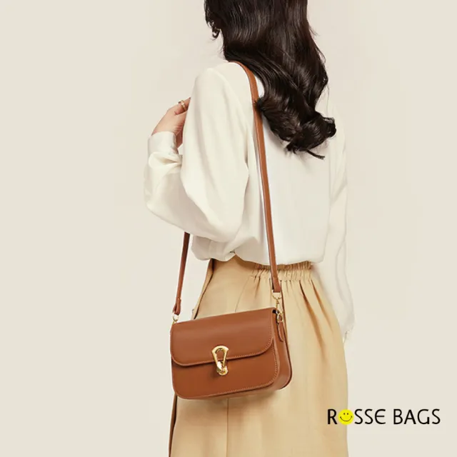 【Rosse Bags】經典百搭復古方形金扣休閒斜跨包 單肩包(白色/棕色/黑色)