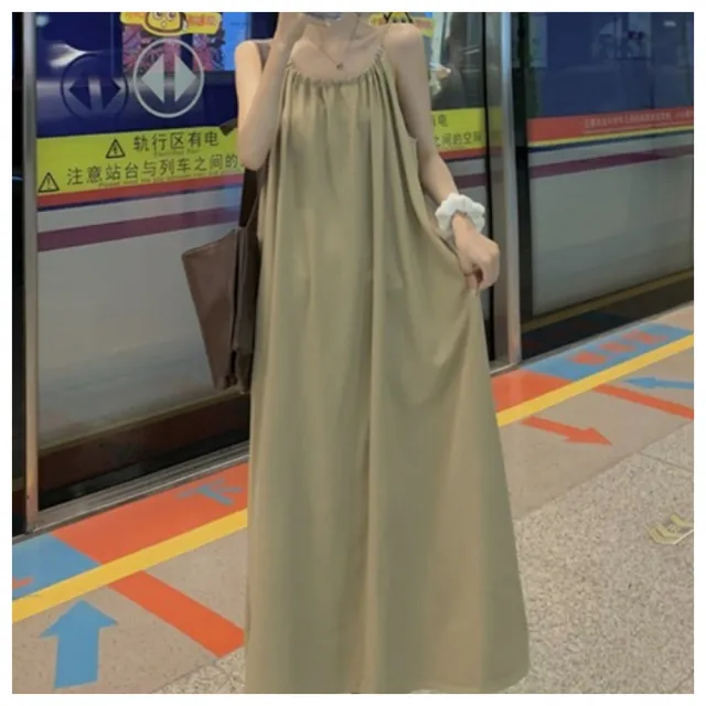 【ASister 小姊姊】現貨在庫★洋裝☆無袖*奶茶*側口袋+後綁帶A字長洋裝/連身裙(圖片色 S-2XL #AS1506)