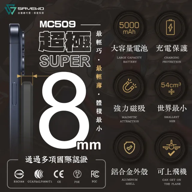 【SAVEWO】救世 MC509 5000mAh 19.35Wh標示 別天神 假面騎士 磁能寶 超薄磁吸式 行動電源(無線 可上飛機)
