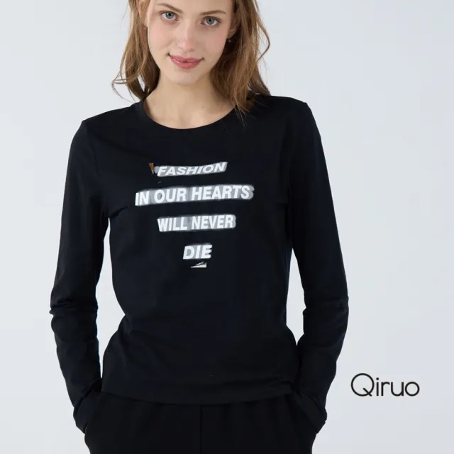 【Qiruo 奇若名品】彈性棉質 押花布底 圓領長袖黑色造型T☆ 1815A 