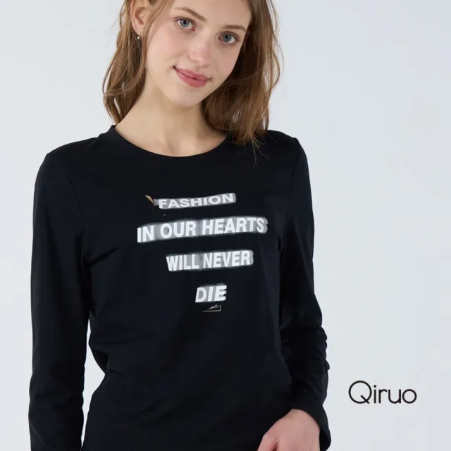【Qiruo 奇若名品】彈性棉質 押花布底 圓領長袖黑色造型T☆ 1815A