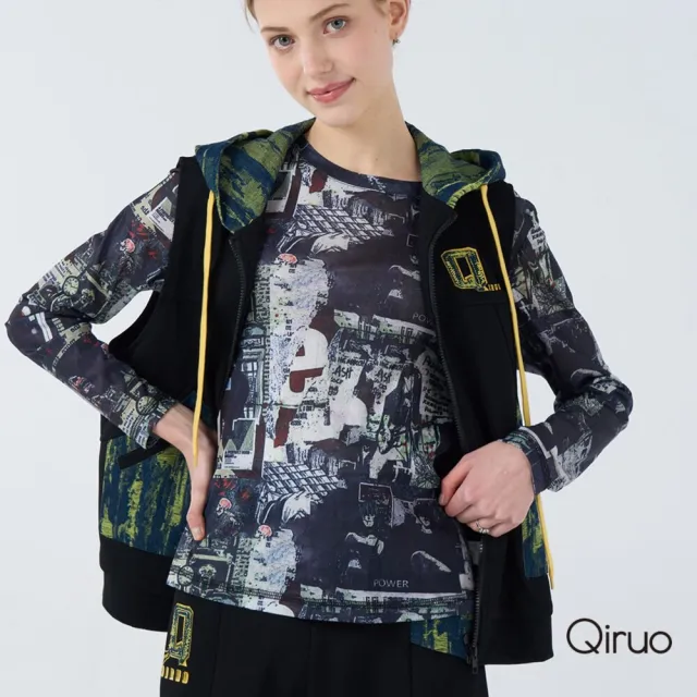 【Qiruo 奇若名品】特殊厚布料含內裡 拉鍊夾克式黑綠色連帽背心6042D 