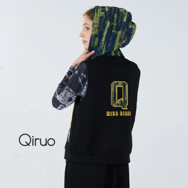 【Qiruo 奇若名品】特殊厚布料含內裡 拉鍊夾克式黑綠色連帽背心6042D 