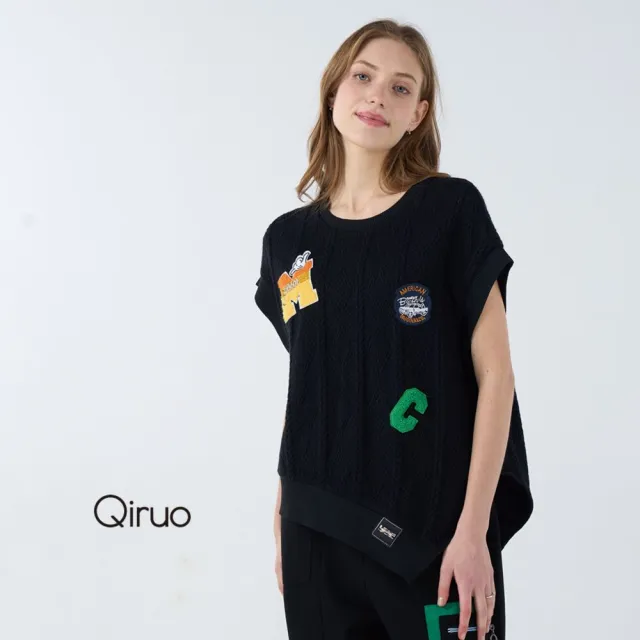 【Qiruo 奇若名品】棉絨保暖布料 圓領短包袖黑色 休閒背心6224D 