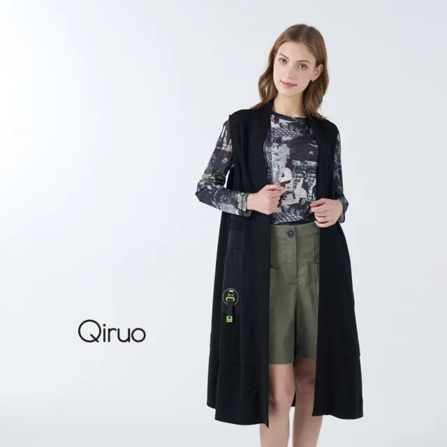 【Qiruo 奇若名品】保暖特殊棉 長版無鈕扣設計黑色造型背心6252D 