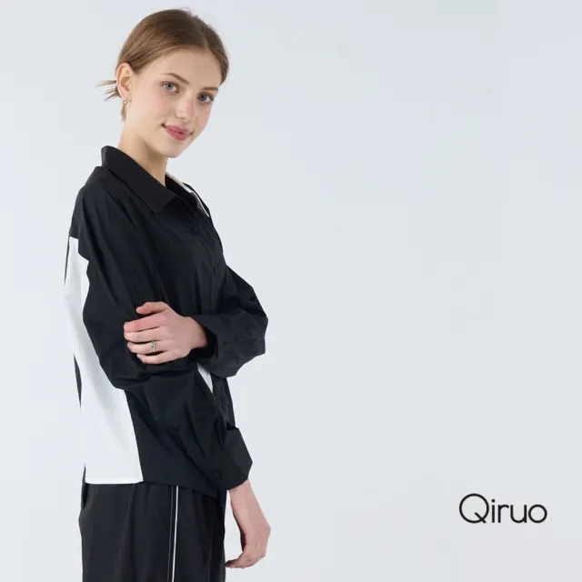 【Qiruo 奇若名品】棉質不規則排釦 黑白領長袖造型大口袋襯衫4005A 