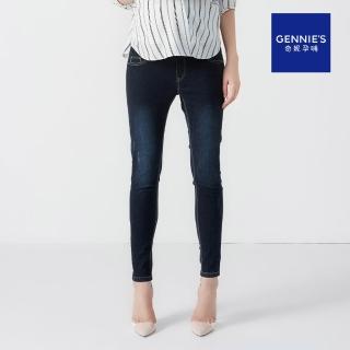 【Gennies 奇妮】經典微刷破牛仔褲-深藍(孕婦褲 長褲 修身 一體成型 無痕褲頭)