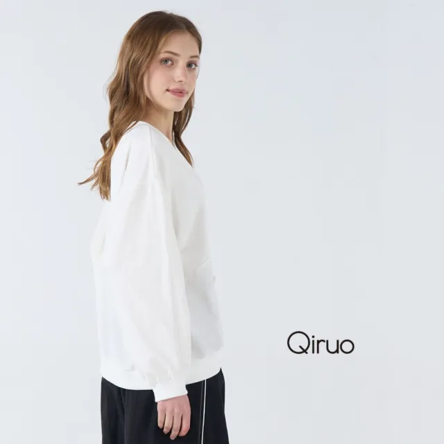 【Qiruo 奇若名品】棉質 圓領 下擺倒V 長袖 拉鍊口袋白色造型上衣 6220A 