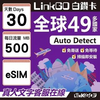 【LINKGO】白鑽卡 全球49國 eSIM卡 30天上網絡卡 每日500MB(全球網絡卡 亞洲 歐洲 美洲 大洋洲 非洲)