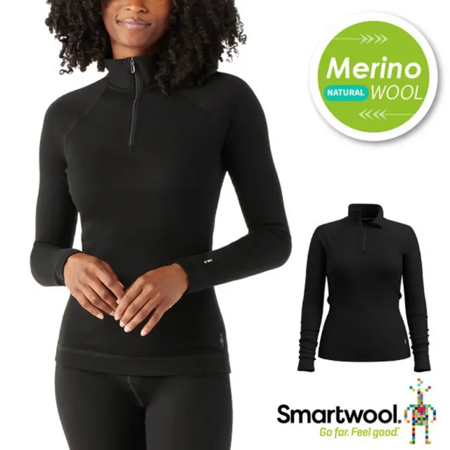 【SmartWool】女 Thermal 美麗諾羊毛長袖拉鍊T.半開襟立領長袖T恤(SW002829-001 黑色)