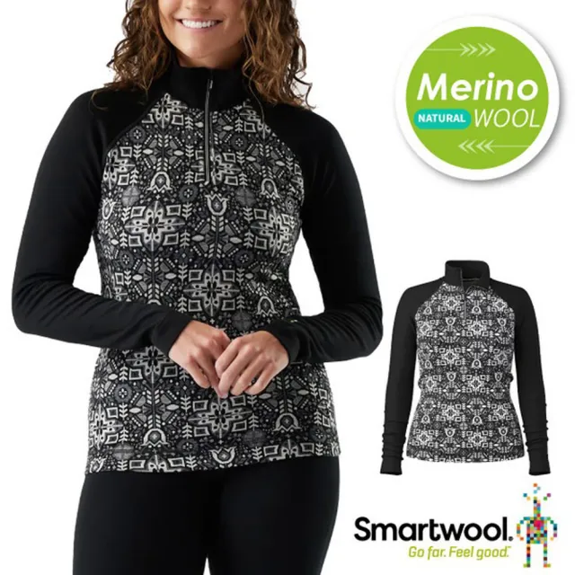 【SmartWool】女 Thermal 美麗諾羊毛長袖拉鍊T.半開襟立領長袖T恤(SW002829-P94 黑色花卉)