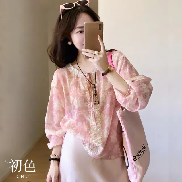 【初色】法式圓領印花蕾絲長袖雪紡衫襯衫上衣女上衣-粉紅色-16263(M-2XL可選)