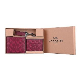 【COACH】COACH C字LOGO皮革8卡對開短夾名片夾鑰匙圈三合一禮盒組(酒紅)