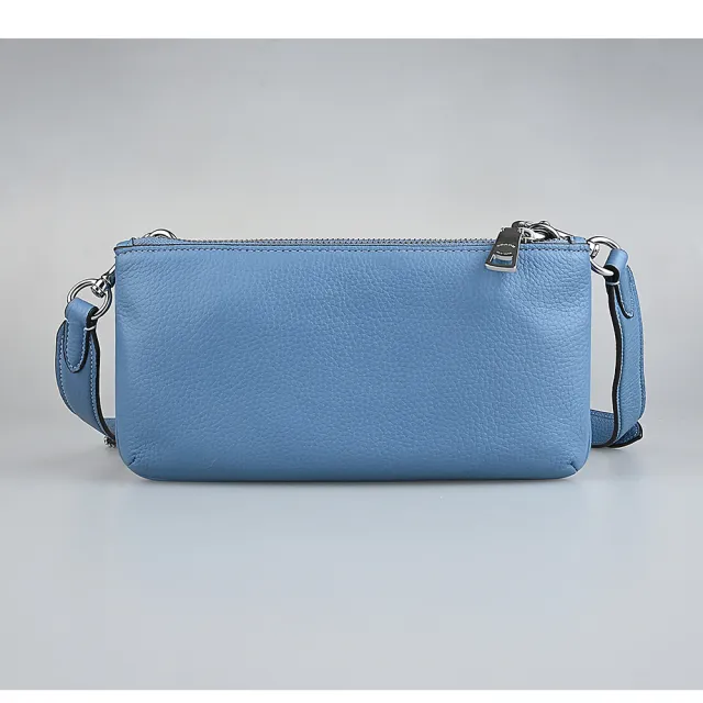【COACH】COACH 立體銀字LOGO粒面皮革雙拉鍊斜背包(霧霾藍)