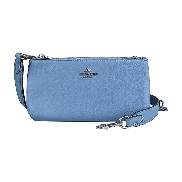 【COACH】COACH 立體銀字LOGO粒面皮革雙拉鍊斜背包(霧霾藍)