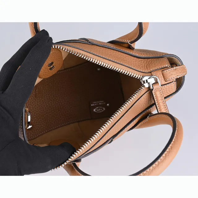 【TOD’S】TODS Di Bag 圓形皮標LOGO小牛皮內搭麂皮拉鍊斜背兩用托特包(迷你/棕)