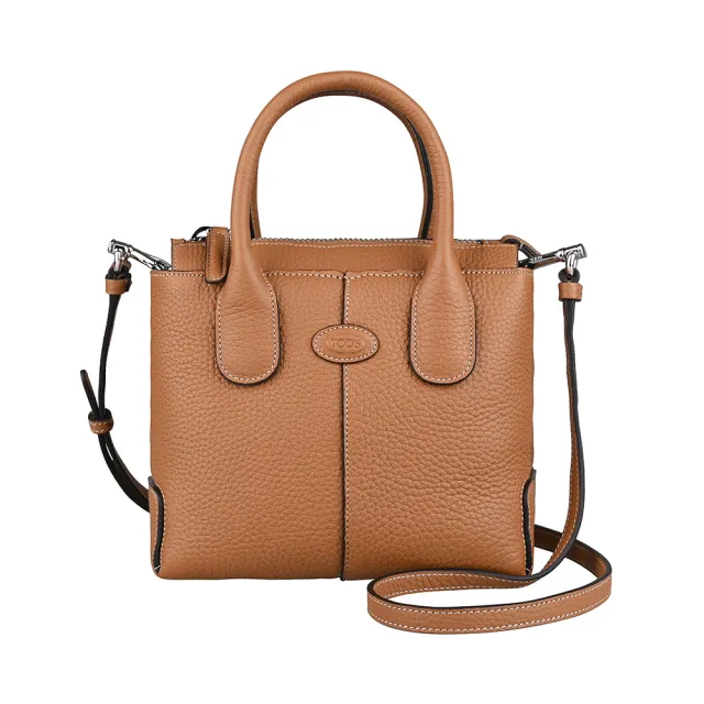 【TOD’S】TODS Di Bag 圓形皮標LOGO小牛皮內搭麂皮拉鍊斜背兩用托特包(迷你/棕)