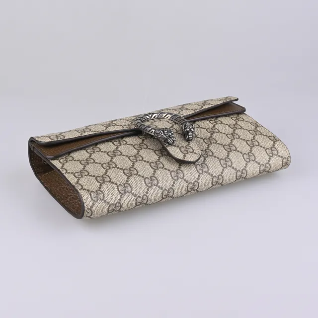 【GUCCI 古馳】GUCCI Dionysus 背帶鉚釘LOGO滿版帆布拼牛皮吸釦斜背酒神包(小/米x烏木棕)
