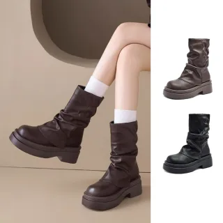 【Agsdon】韓系個性亮皮厚底百搭堆堆短靴(棕色/黑色)