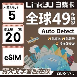 【LINKGO】白鑽卡 全球49國 eSIM卡 5天上網絡卡 總流量20GB(全球網絡卡 亞洲 歐洲 美洲 大洋洲 非洲)