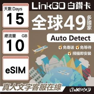 【LINKGO】白鑽卡 全球49國 eSIM卡 15天上網絡卡 總流量10GB(全球網絡卡 亞洲 歐洲 美洲 大洋洲 非洲)