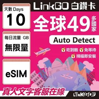 【LINKGO】白鑽卡 全球49國 eSIM卡 10天上網絡卡 吃到飽不降速(全球網絡卡 亞洲 歐洲 美洲 大洋洲 非洲)